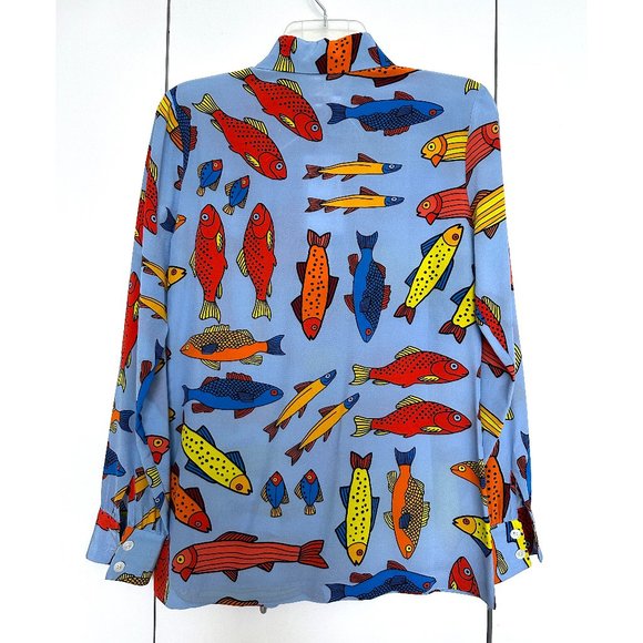 NWT LHD Star Island Blouse Shirt Silk Blue Corsican Trout Print Fish Colorful 4 - Picture 10 of 12